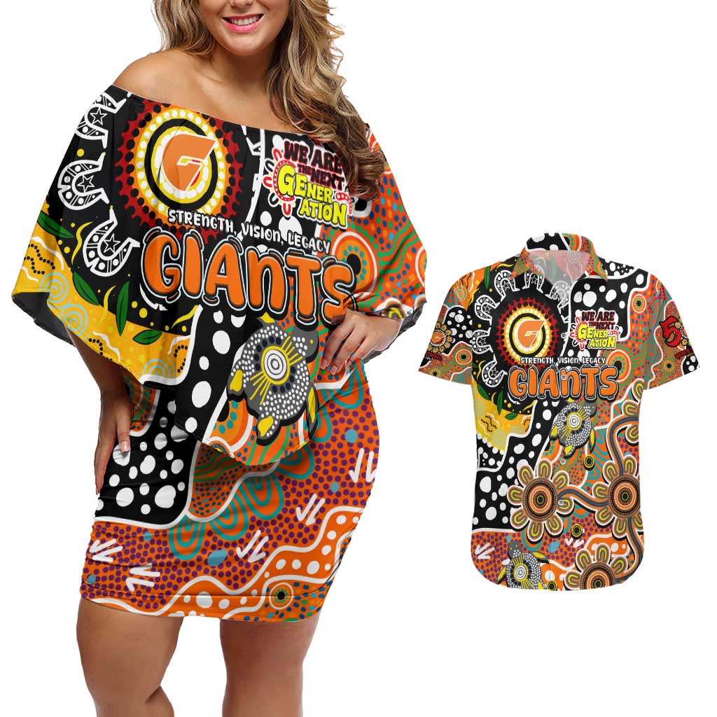 Personalised Giants AFL Celebrating 50 Years of Naidoc Couples Matching Off Shoulder Short Dress and Hawaiian Shirt NAIDOC Week 2025 Aboriginal