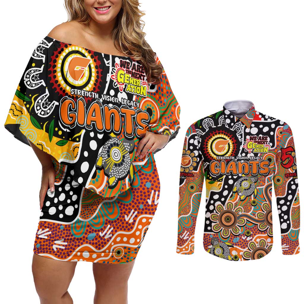 Personalised Giants AFL Celebrating 50 Years of Naidoc Couples Matching Off Shoulder Short Dress and Long Sleeve Button Shirt NAIDOC Week 2025 Aboriginal