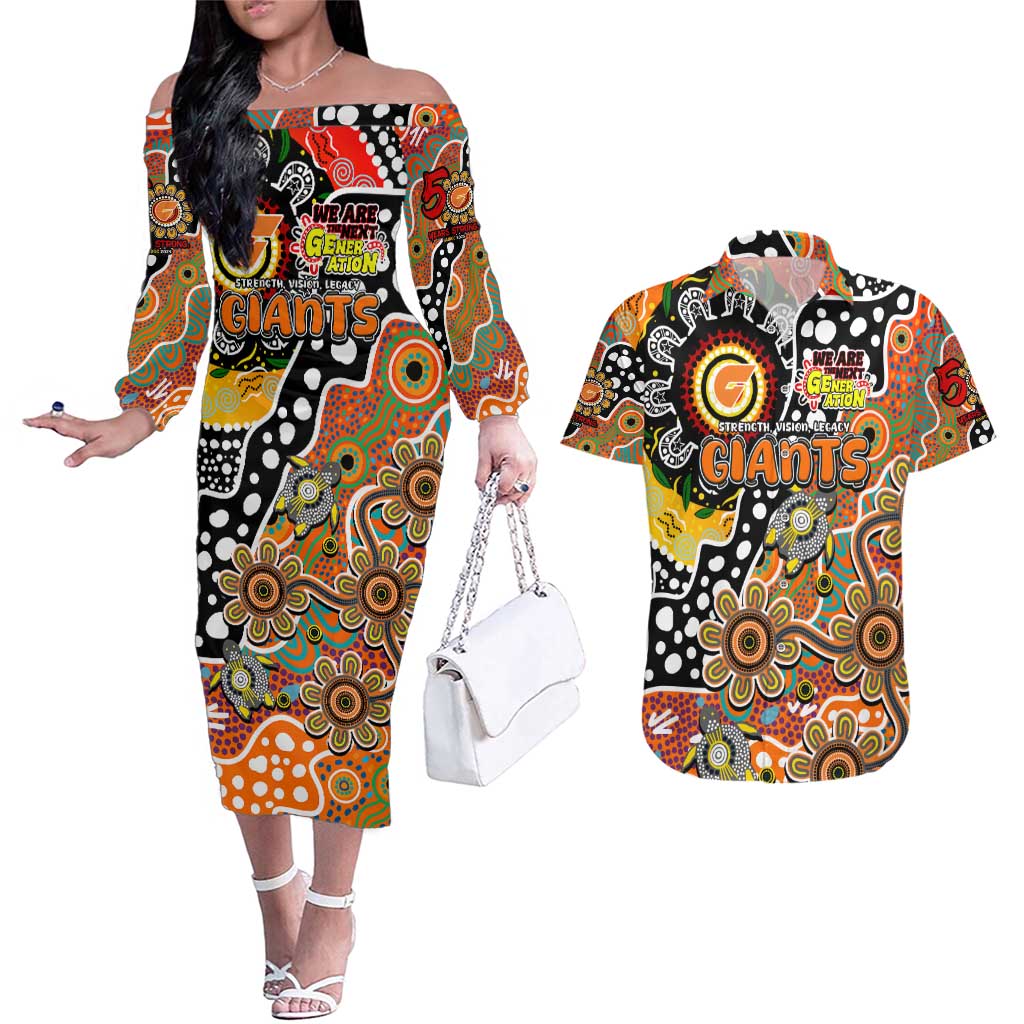 Personalised Giants AFL Celebrating 50 Years of Naidoc Couples Matching Off The Shoulder Long Sleeve Dress and Hawaiian Shirt NAIDOC Week 2025 Aboriginal