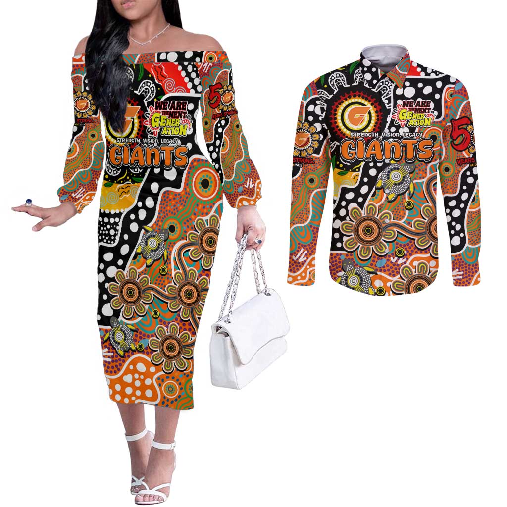 Personalised Giants AFL Celebrating 50 Years of Naidoc Couples Matching Off The Shoulder Long Sleeve Dress and Long Sleeve Button Shirt NAIDOC Week 2025 Aboriginal