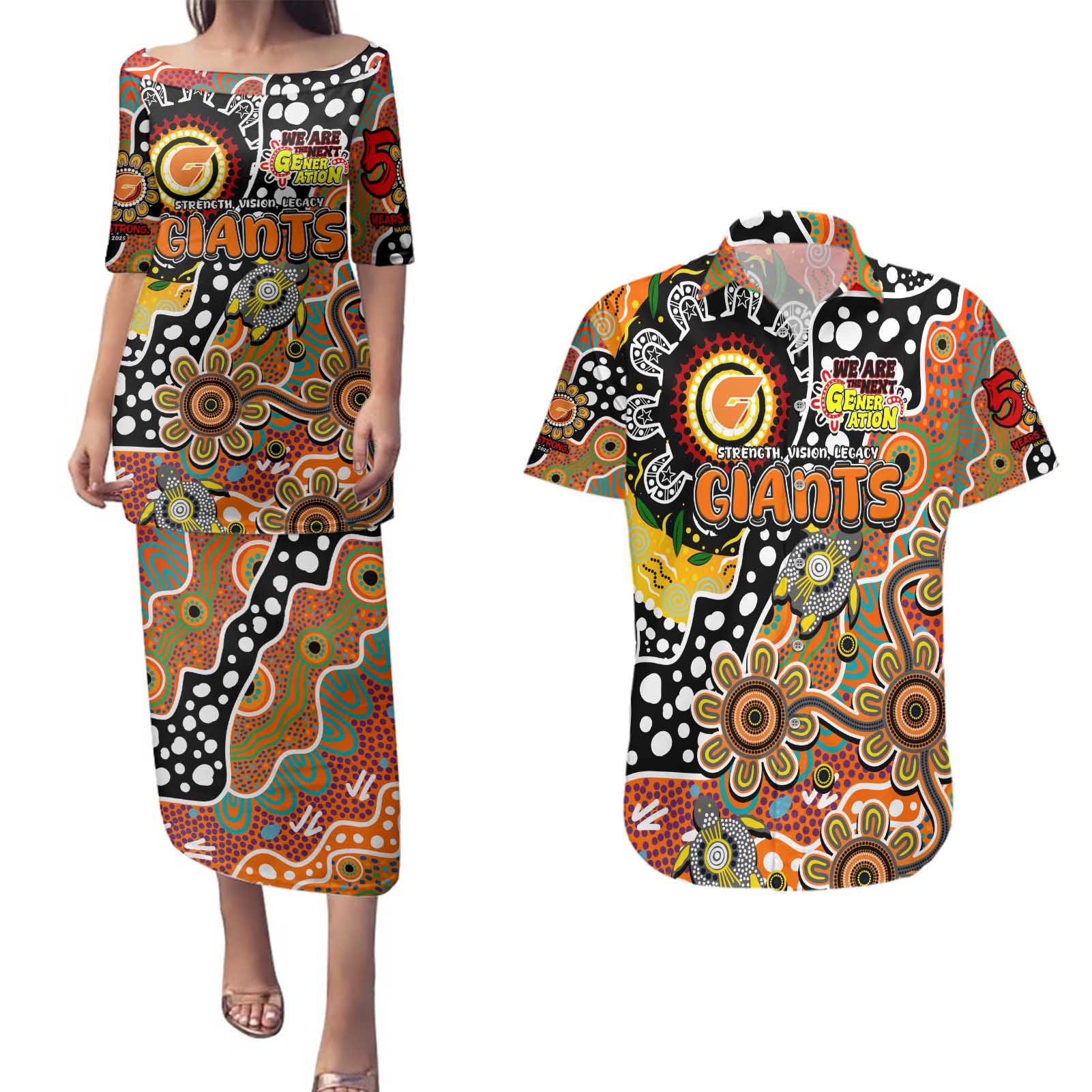 Personalised Giants AFL Celebrating 50 Years of Naidoc Couples Matching Puletasi and Hawaiian Shirt NAIDOC Week 2025 Aboriginal