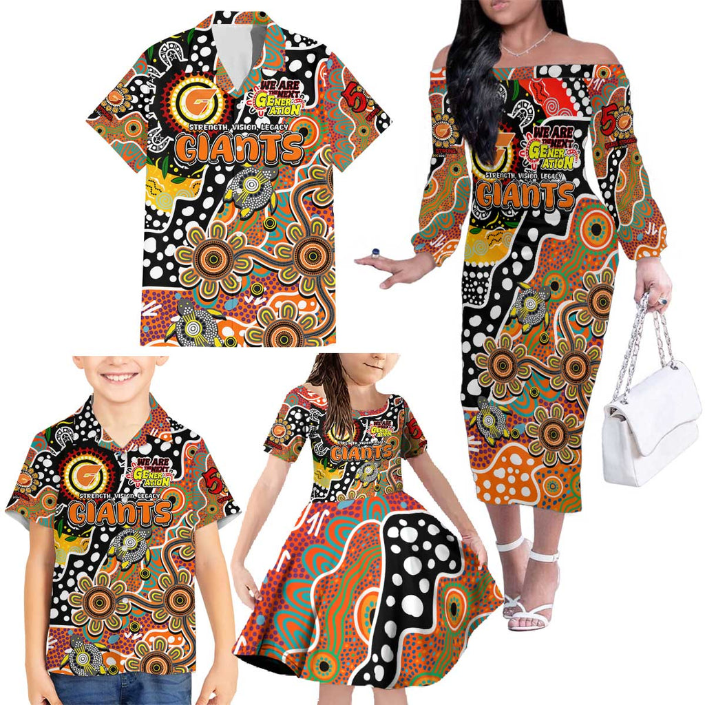 Personalised Giants AFL Celebrating 50 Years of Naidoc Family Matching Off The Shoulder Long Sleeve Dress and Hawaiian Shirt NAIDOC Week 2025 Aboriginal