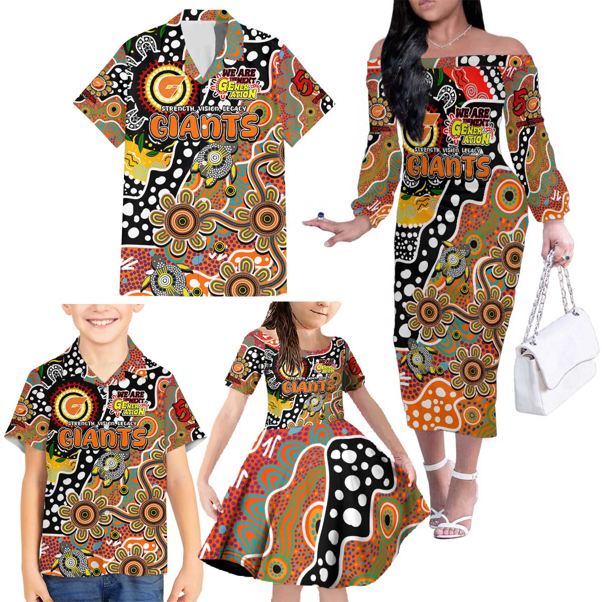 Personalised Giants AFL Celebrating 50 Years of Naidoc Family Matching Off The Shoulder Long Sleeve Dress and Hawaiian Shirt NAIDOC Week 2025 Aboriginal
