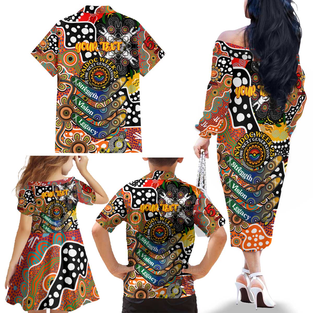 Personalised Giants AFL Celebrating 50 Years of Naidoc Family Matching Off The Shoulder Long Sleeve Dress and Hawaiian Shirt NAIDOC Week 2025 Aboriginal