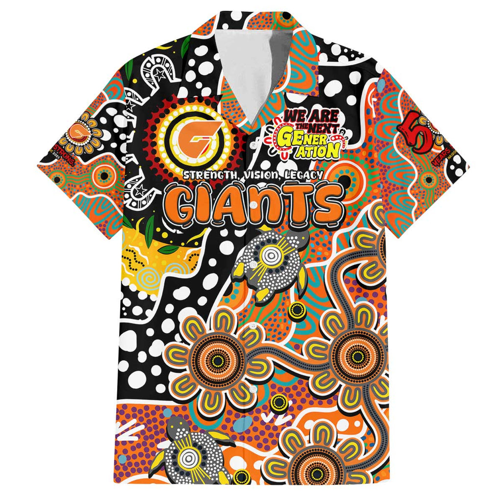 Personalised Giants AFL Celebrating 50 Years of Naidoc Family Matching Off The Shoulder Long Sleeve Dress and Hawaiian Shirt NAIDOC Week 2025 Aboriginal