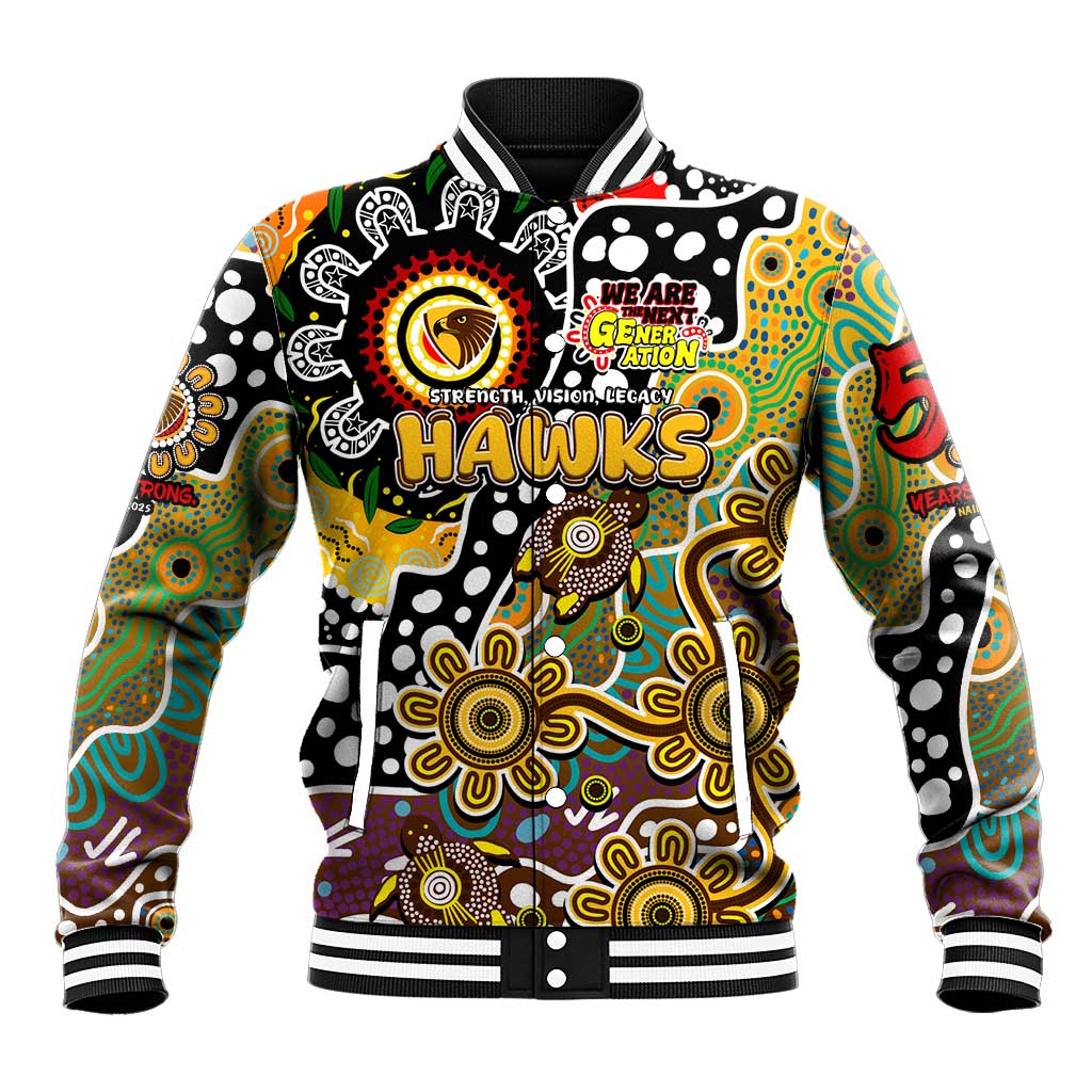 Personalised Hawks AFL Celebrating 50 Years of Naidoc Baseball Jacket NAIDOC Week 2025 Aboriginal