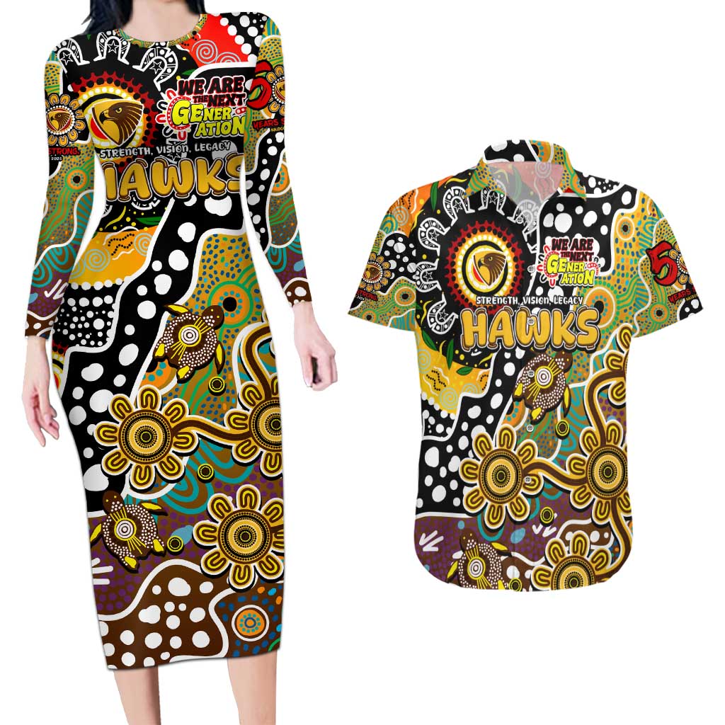 Personalised Hawks AFL Celebrating 50 Years of Naidoc Couples Matching Long Sleeve Bodycon Dress and Hawaiian Shirt NAIDOC Week 2025 Aboriginal