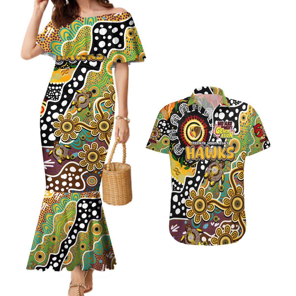 Personalised Hawks AFL Celebrating 50 Years of Naidoc Couples Matching Mermaid Dress and Hawaiian Shirt NAIDOC Week 2025 Aboriginal