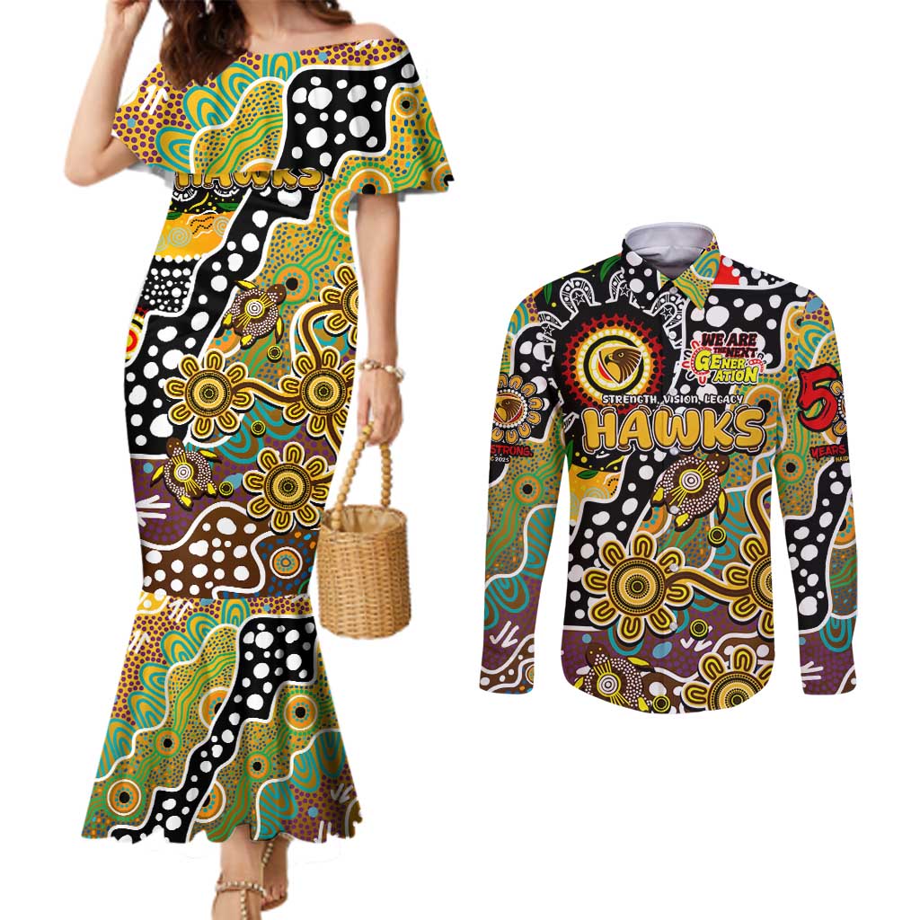 Personalised Hawks AFL Celebrating 50 Years of Naidoc Couples Matching Mermaid Dress and Long Sleeve Button Shirt NAIDOC Week 2025 Aboriginal