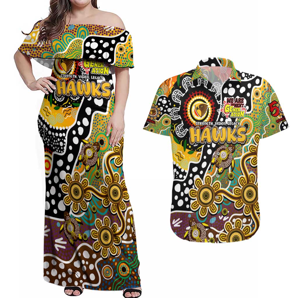 Personalised Hawks AFL Celebrating 50 Years of Naidoc Couples Matching Off Shoulder Maxi Dress and Hawaiian Shirt NAIDOC Week 2025 Aboriginal