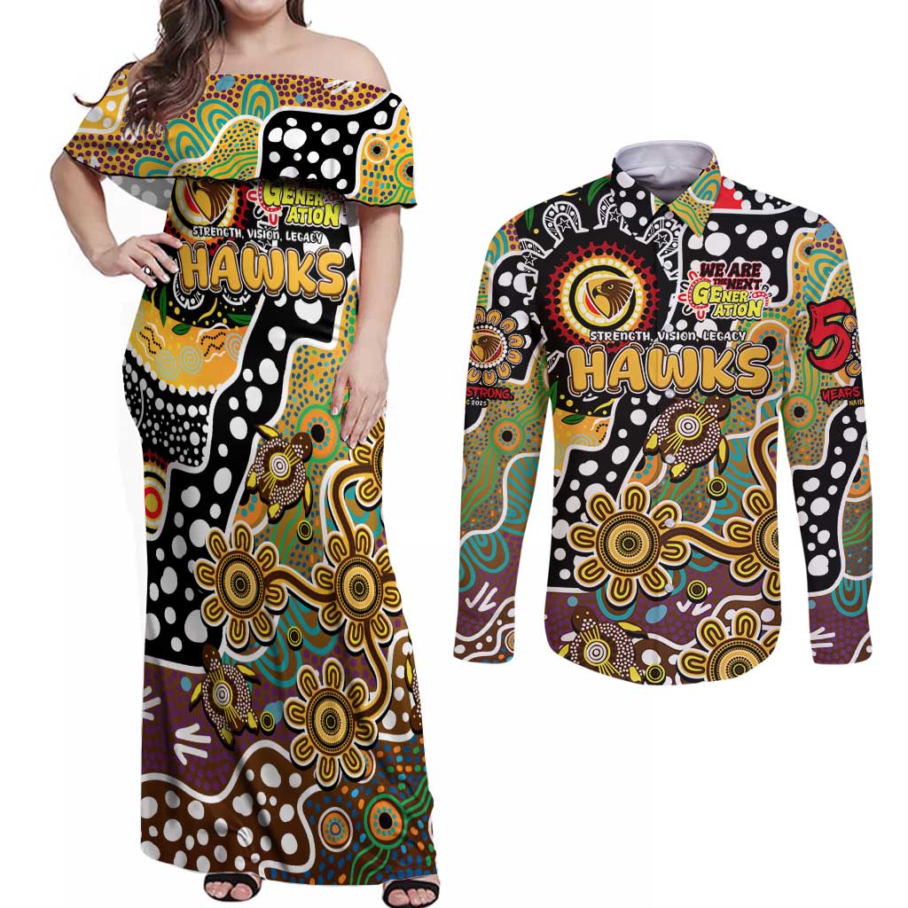 Personalised Hawks AFL Celebrating 50 Years of Naidoc Couples Matching Off Shoulder Maxi Dress and Long Sleeve Button Shirt NAIDOC Week 2025 Aboriginal