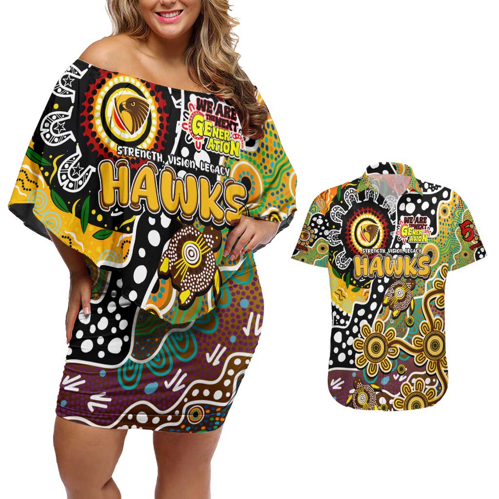 Personalised Hawks AFL Celebrating 50 Years of Naidoc Couples Matching Off Shoulder Short Dress and Hawaiian Shirt NAIDOC Week 2025 Aboriginal