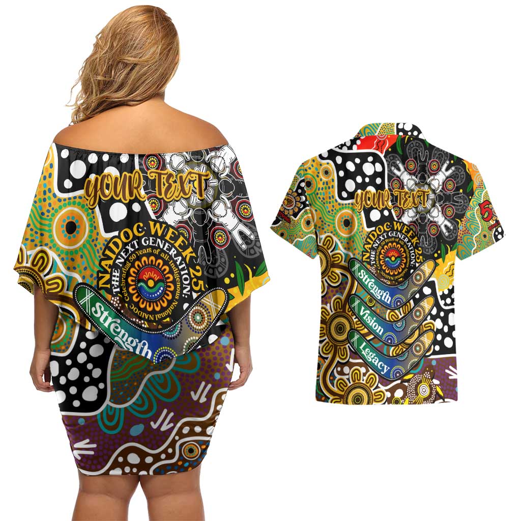 Personalised Hawks AFL Celebrating 50 Years of Naidoc Couples Matching Off Shoulder Short Dress and Hawaiian Shirt NAIDOC Week 2025 Aboriginal