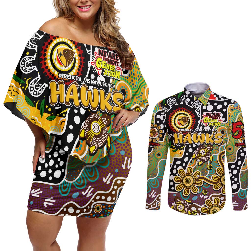 Personalised Hawks AFL Celebrating 50 Years of Naidoc Couples Matching Off Shoulder Short Dress and Long Sleeve Button Shirt NAIDOC Week 2025 Aboriginal