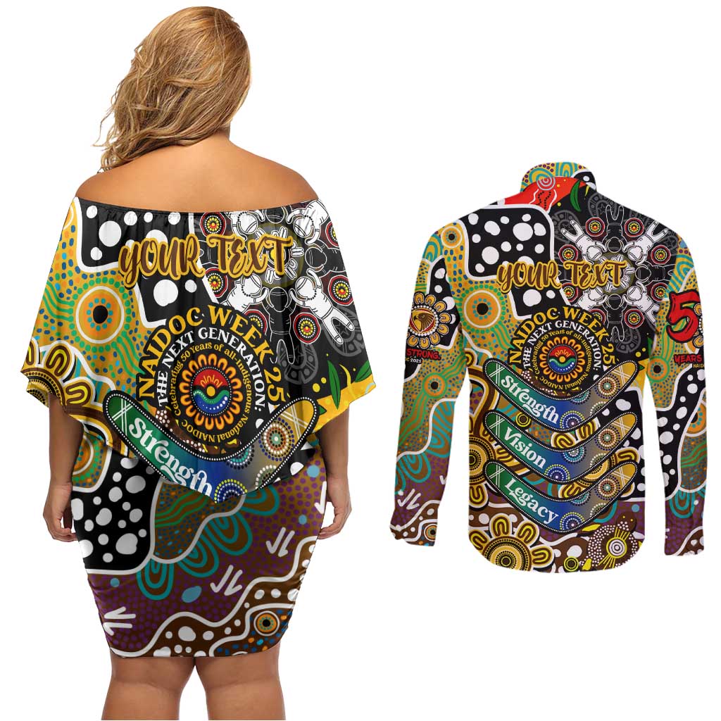 Personalised Hawks AFL Celebrating 50 Years of Naidoc Couples Matching Off Shoulder Short Dress and Long Sleeve Button Shirt NAIDOC Week 2025 Aboriginal