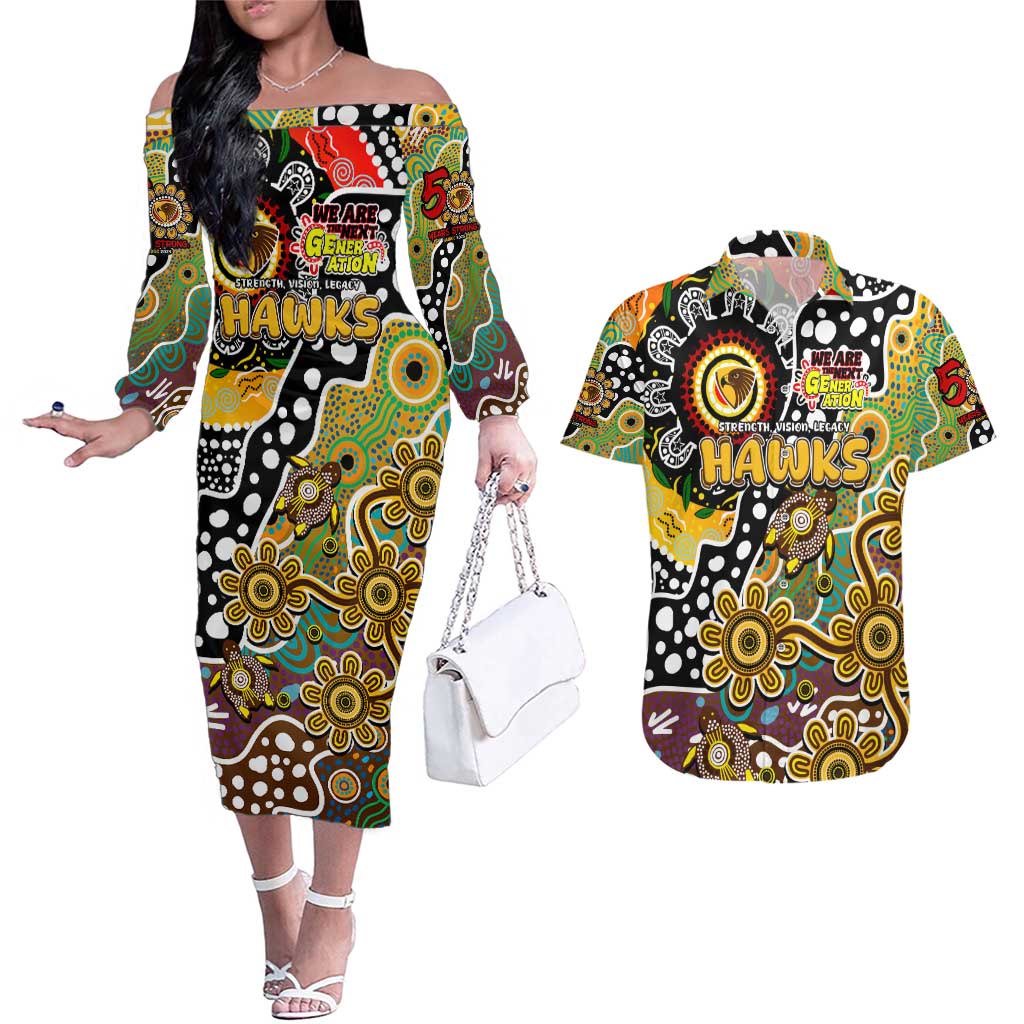 Personalised Hawks AFL Celebrating 50 Years of Naidoc Couples Matching Off The Shoulder Long Sleeve Dress and Hawaiian Shirt NAIDOC Week 2025 Aboriginal
