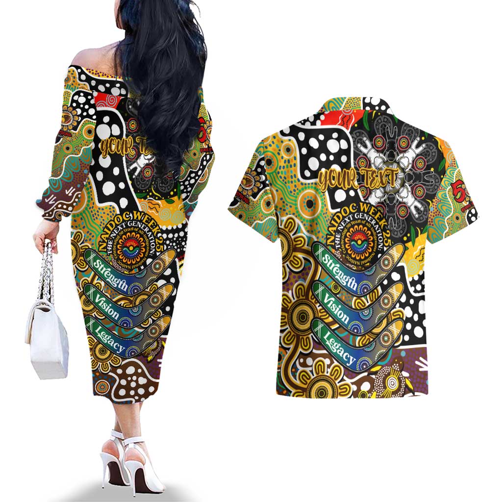 Personalised Hawks AFL Celebrating 50 Years of Naidoc Couples Matching Off The Shoulder Long Sleeve Dress and Hawaiian Shirt NAIDOC Week 2025 Aboriginal