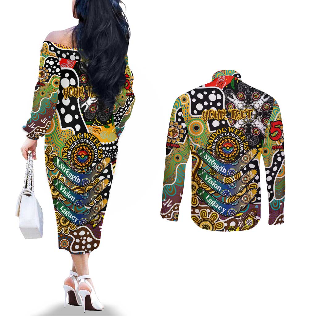 Personalised Hawks AFL Celebrating 50 Years of Naidoc Couples Matching Off The Shoulder Long Sleeve Dress and Long Sleeve Button Shirt NAIDOC Week 2025 Aboriginal