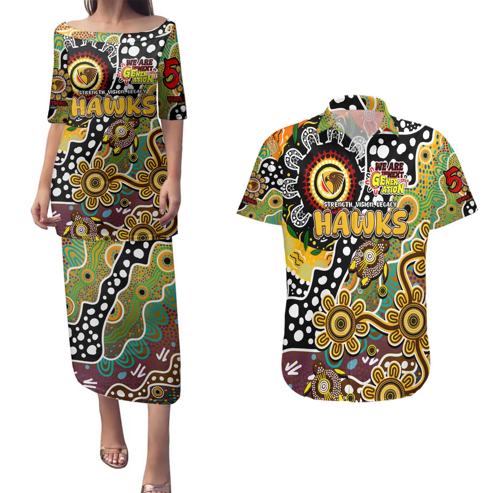 Personalised Hawks AFL Celebrating 50 Years of Naidoc Couples Matching Puletasi and Hawaiian Shirt NAIDOC Week 2025 Aboriginal