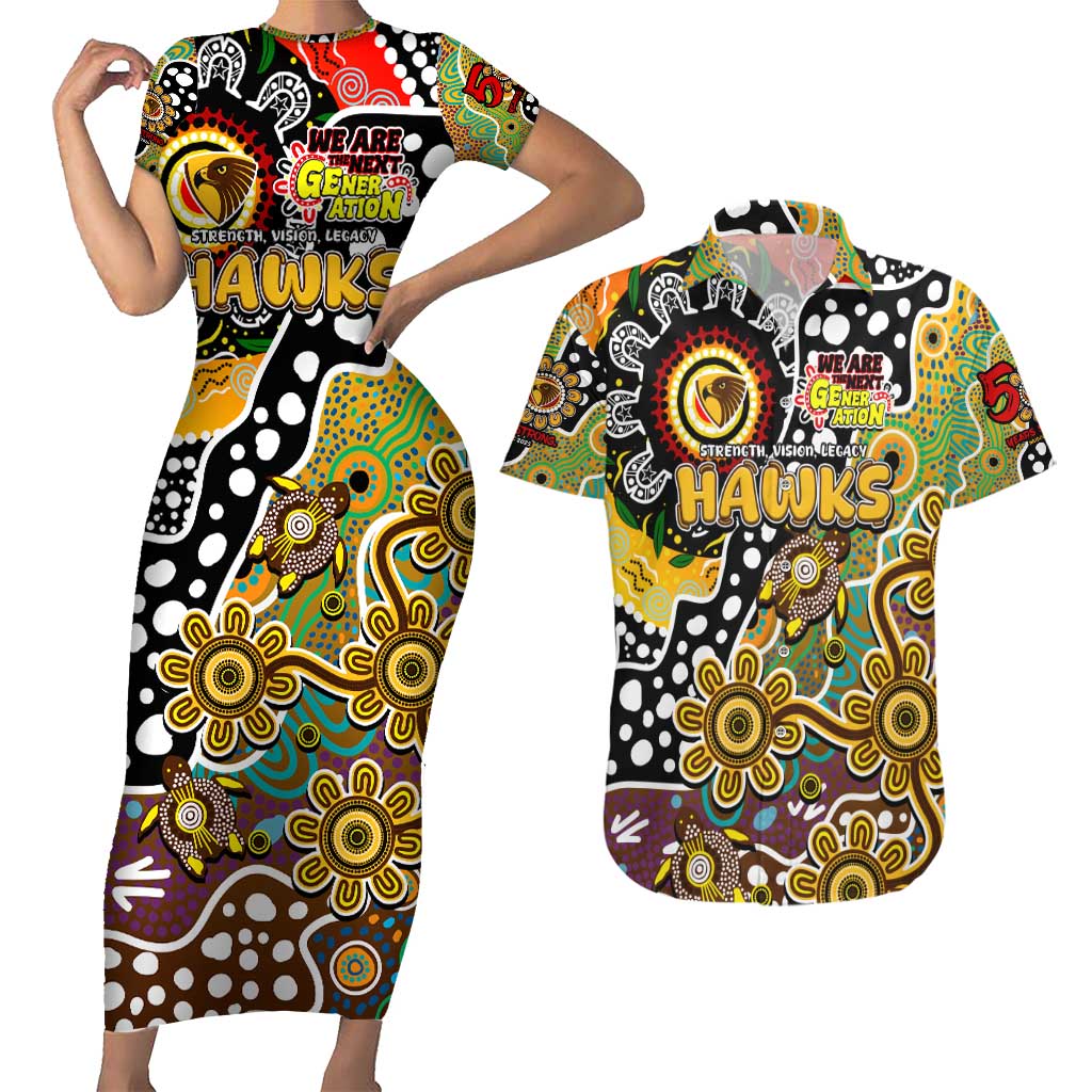 Personalised Hawks AFL Celebrating 50 Years of Naidoc Couples Matching Short Sleeve Bodycon Dress and Hawaiian Shirt NAIDOC Week 2025 Aboriginal