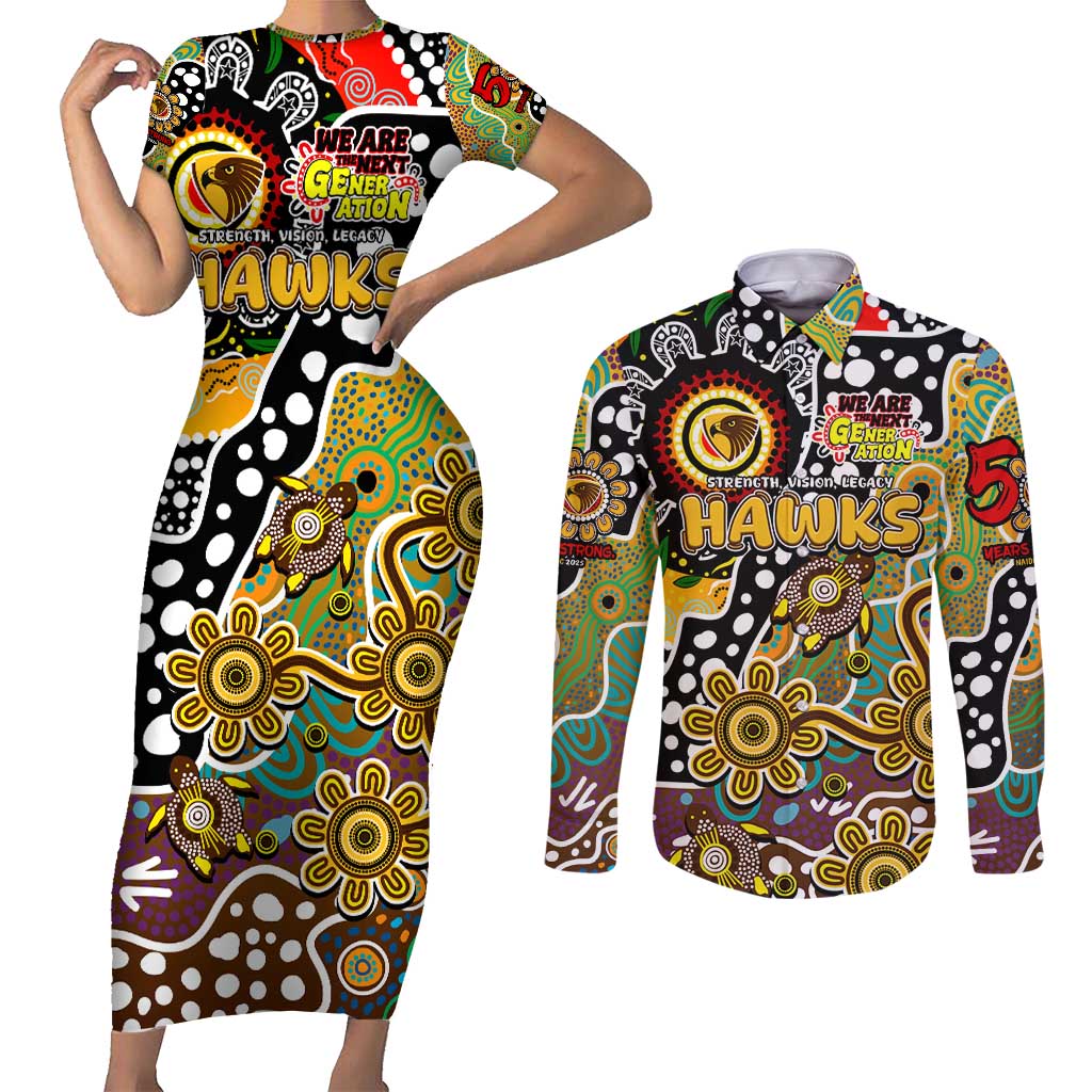 Personalised Hawks AFL Celebrating 50 Years of Naidoc Couples Matching Short Sleeve Bodycon Dress and Long Sleeve Button Shirt NAIDOC Week 2025 Aboriginal