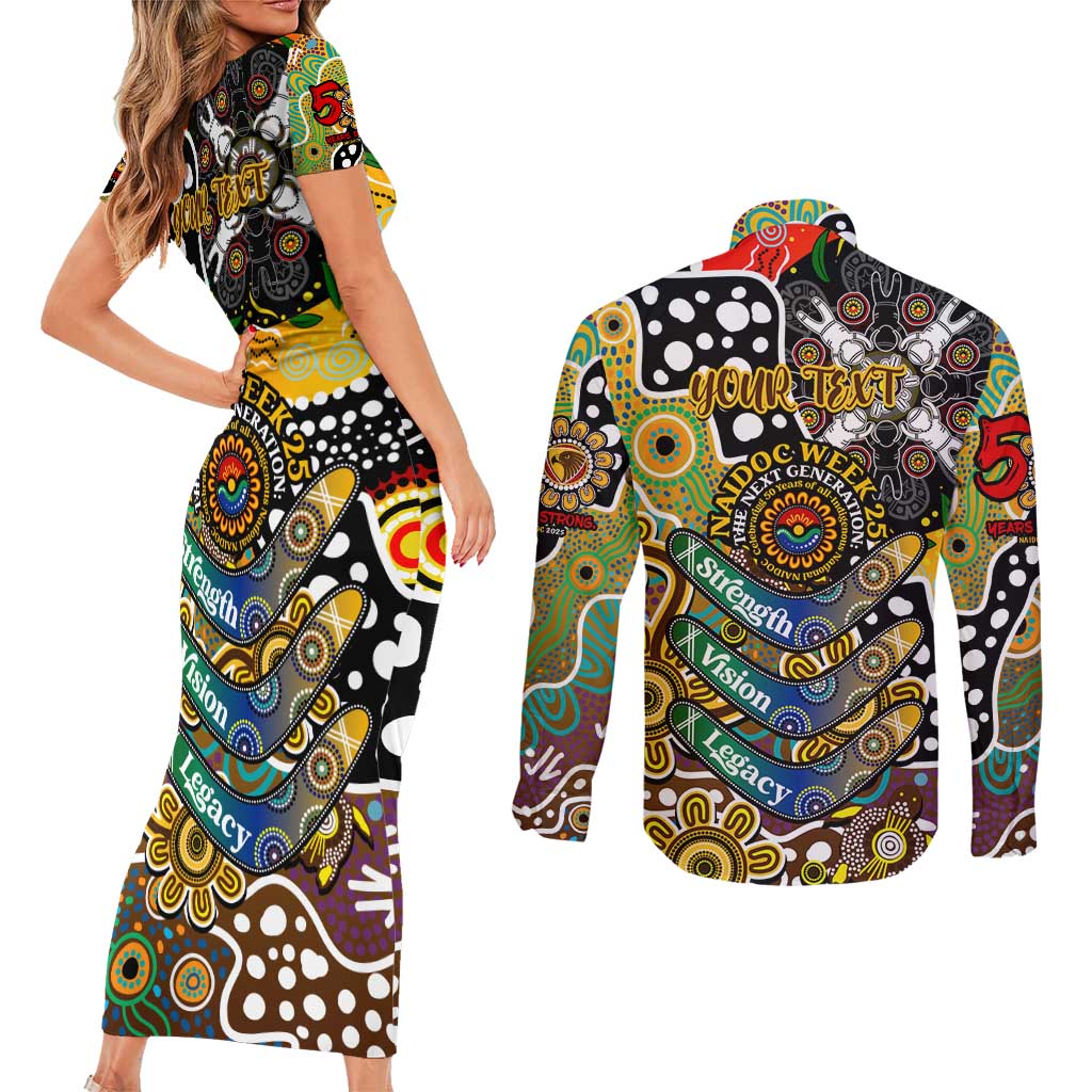 Personalised Hawks AFL Celebrating 50 Years of Naidoc Couples Matching Short Sleeve Bodycon Dress and Long Sleeve Button Shirt NAIDOC Week 2025 Aboriginal