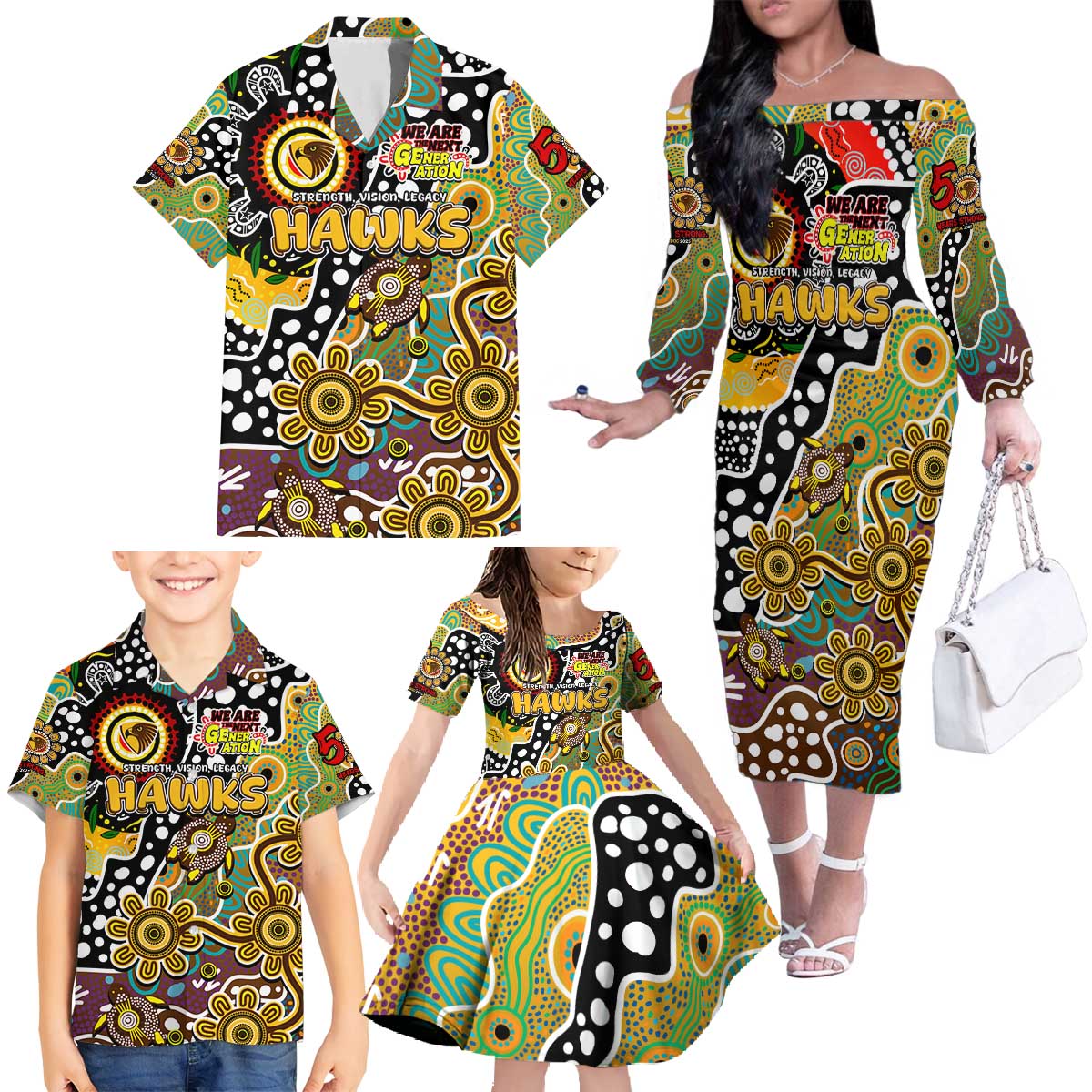 Personalised Hawks AFL Celebrating 50 Years of Naidoc Family Matching Off The Shoulder Long Sleeve Dress and Hawaiian Shirt NAIDOC Week 2025 Aboriginal