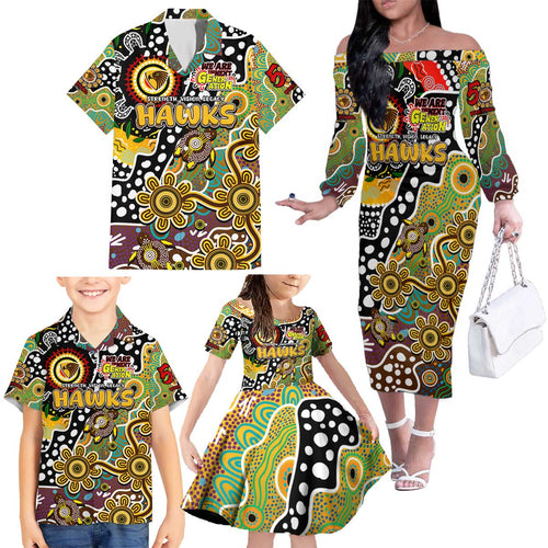 Personalised Hawks AFL Celebrating 50 Years of Naidoc Family Matching Off The Shoulder Long Sleeve Dress and Hawaiian Shirt NAIDOC Week 2025 Aboriginal
