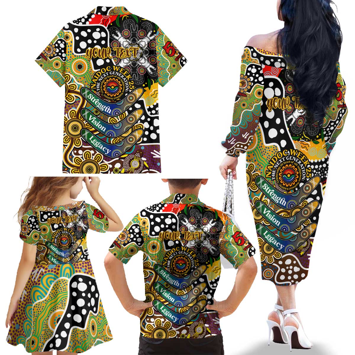 Personalised Hawks AFL Celebrating 50 Years of Naidoc Family Matching Off The Shoulder Long Sleeve Dress and Hawaiian Shirt NAIDOC Week 2025 Aboriginal