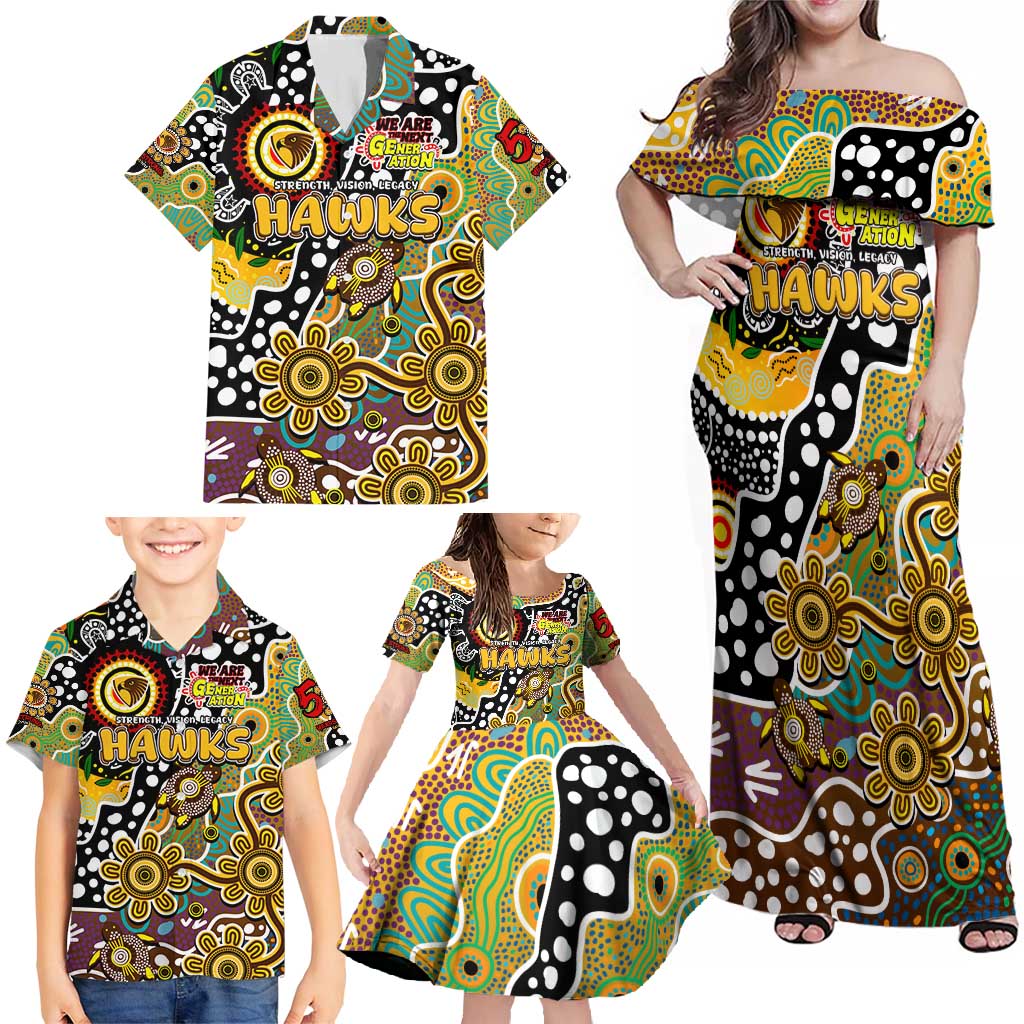 Personalised Hawks AFL Celebrating 50 Years of Naidoc Family Matching Off Shoulder Maxi Dress and Hawaiian Shirt NAIDOC Week 2025 Aboriginal