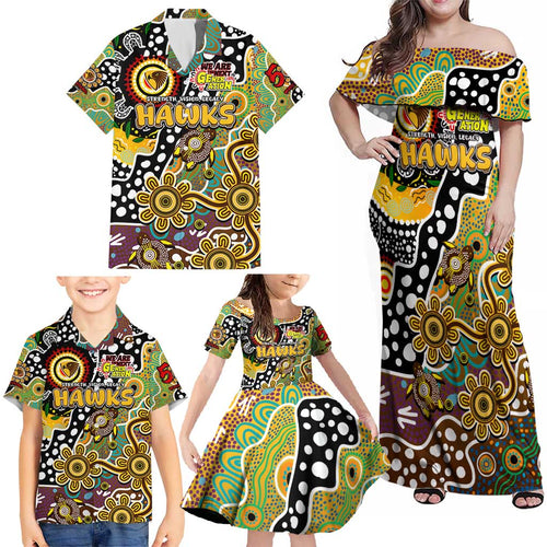 Personalised Hawks AFL Celebrating 50 Years of Naidoc Family Matching Off Shoulder Maxi Dress and Hawaiian Shirt NAIDOC Week 2025 Aboriginal