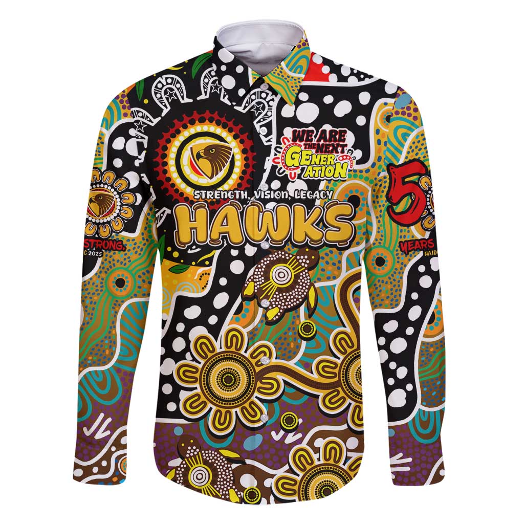 Personalised Hawks AFL Celebrating 50 Years of Naidoc Family Matching Off Shoulder Maxi Dress and Hawaiian Shirt NAIDOC Week 2025 Aboriginal