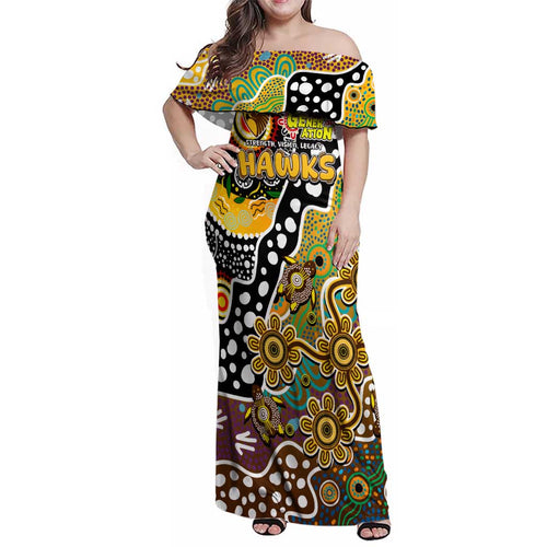 Personalised Hawks AFL Celebrating 50 Years of Naidoc Family Matching Off Shoulder Maxi Dress and Hawaiian Shirt NAIDOC Week 2025 Aboriginal