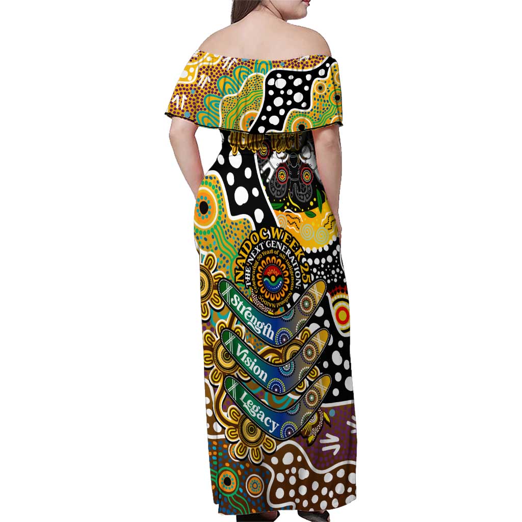 Personalised Hawks AFL Celebrating 50 Years of Naidoc Family Matching Off Shoulder Maxi Dress and Hawaiian Shirt NAIDOC Week 2025 Aboriginal