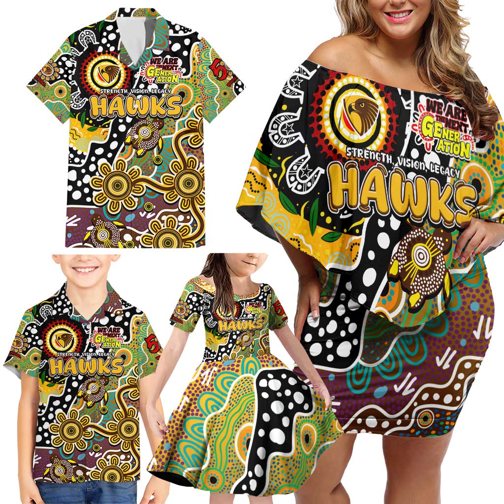 Personalised Hawks AFL Celebrating 50 Years of Naidoc Family Matching Off Shoulder Short Dress and Hawaiian Shirt NAIDOC Week 2025 Aboriginal
