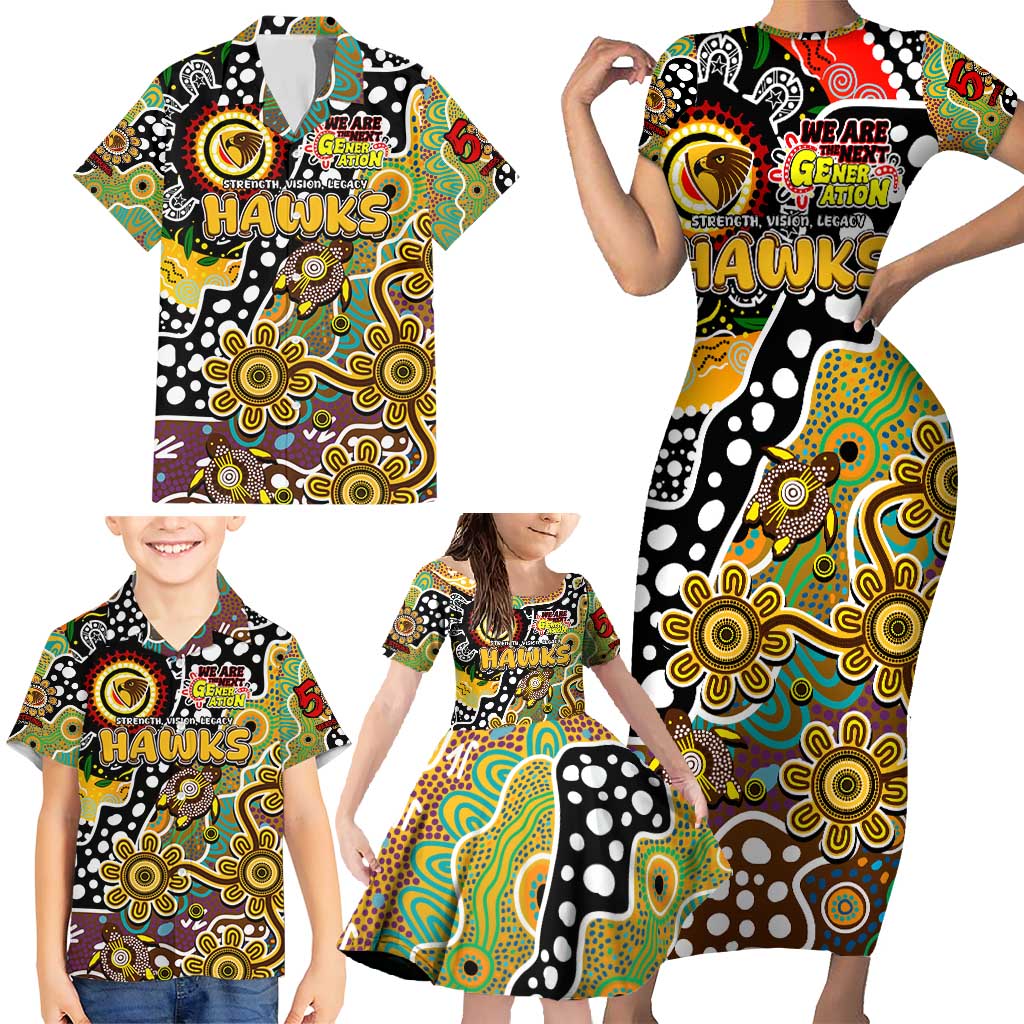 Personalised Hawks AFL Celebrating 50 Years of Naidoc Family Matching Short Sleeve Bodycon Dress and Hawaiian Shirt NAIDOC Week 2025 Aboriginal
