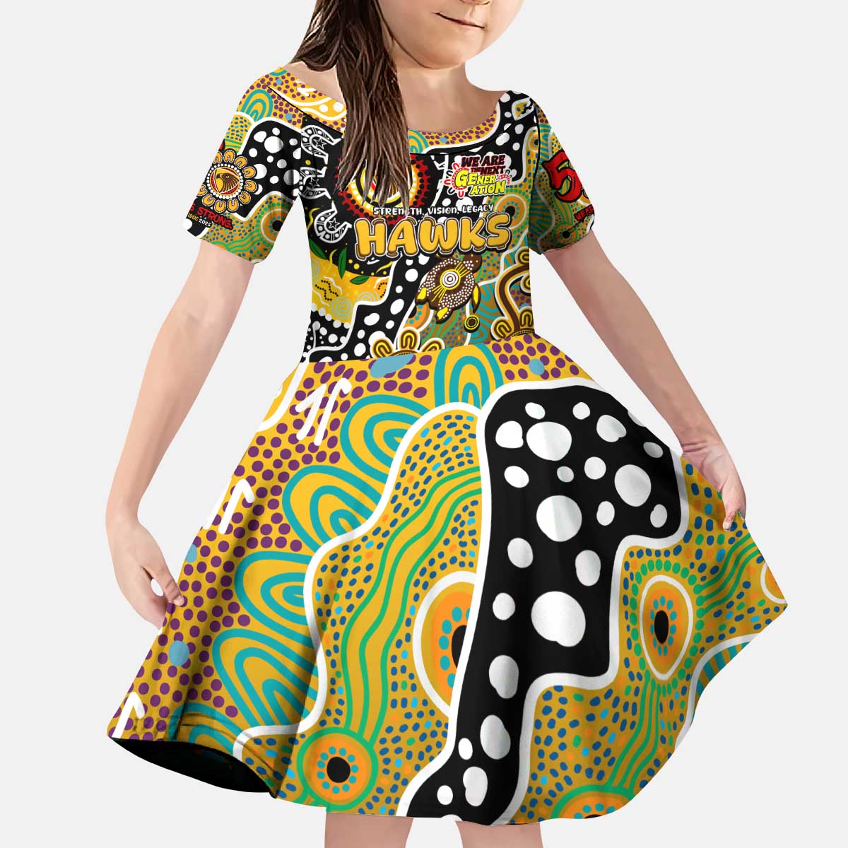 Personalised Hawks AFL Celebrating 50 Years of Naidoc Kid Short Sleeve Dress NAIDOC Week 2025 Aboriginal