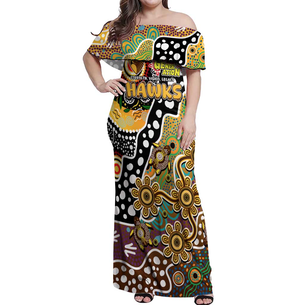 Personalised Hawks AFL Celebrating 50 Years of Naidoc Off Shoulder Maxi Dress NAIDOC Week 2025 Aboriginal