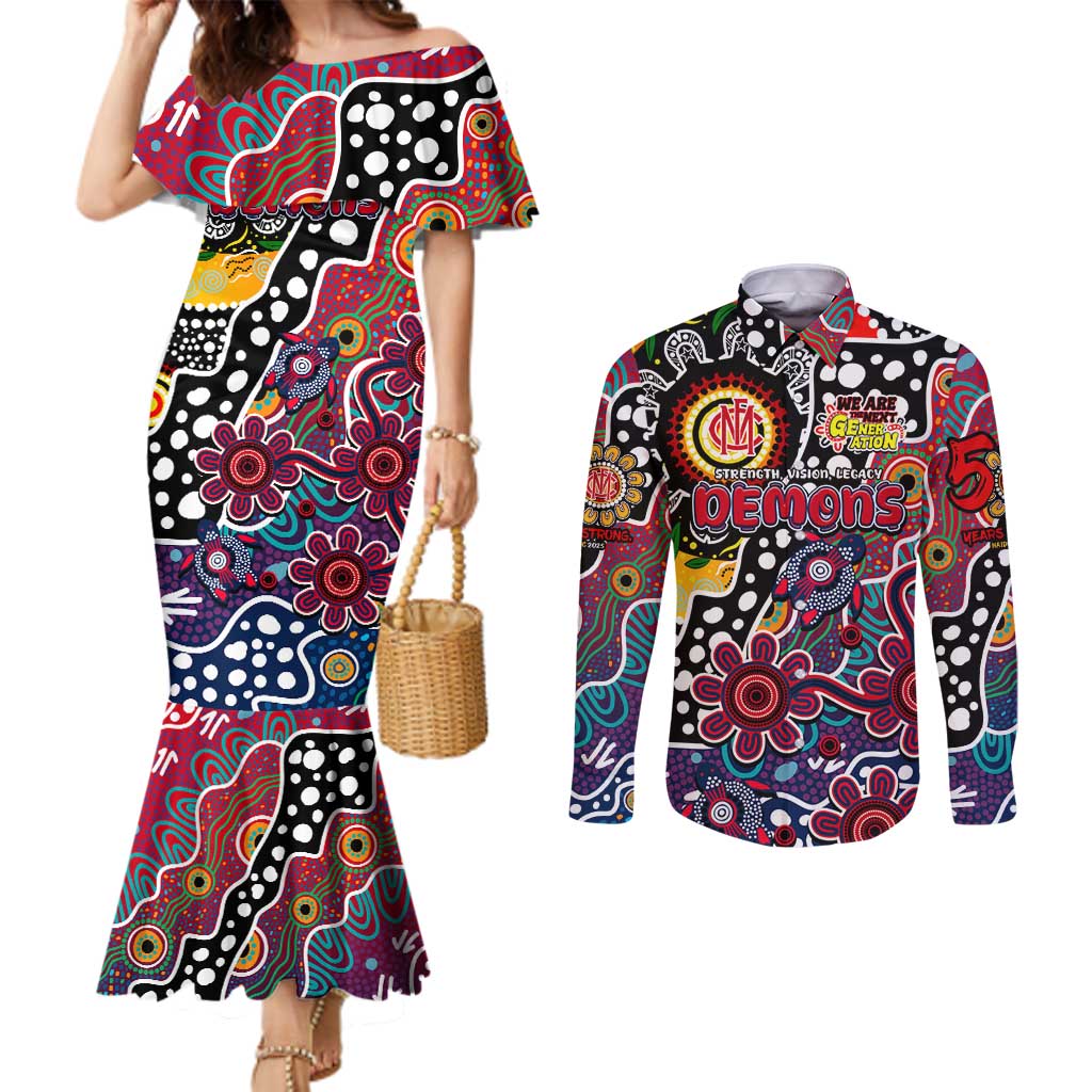 Personalised Demons AFL Celebrating 50 Years of Naidoc Couples Matching Mermaid Dress and Long Sleeve Button Shirt NAIDOC Week 2025 Aboriginal