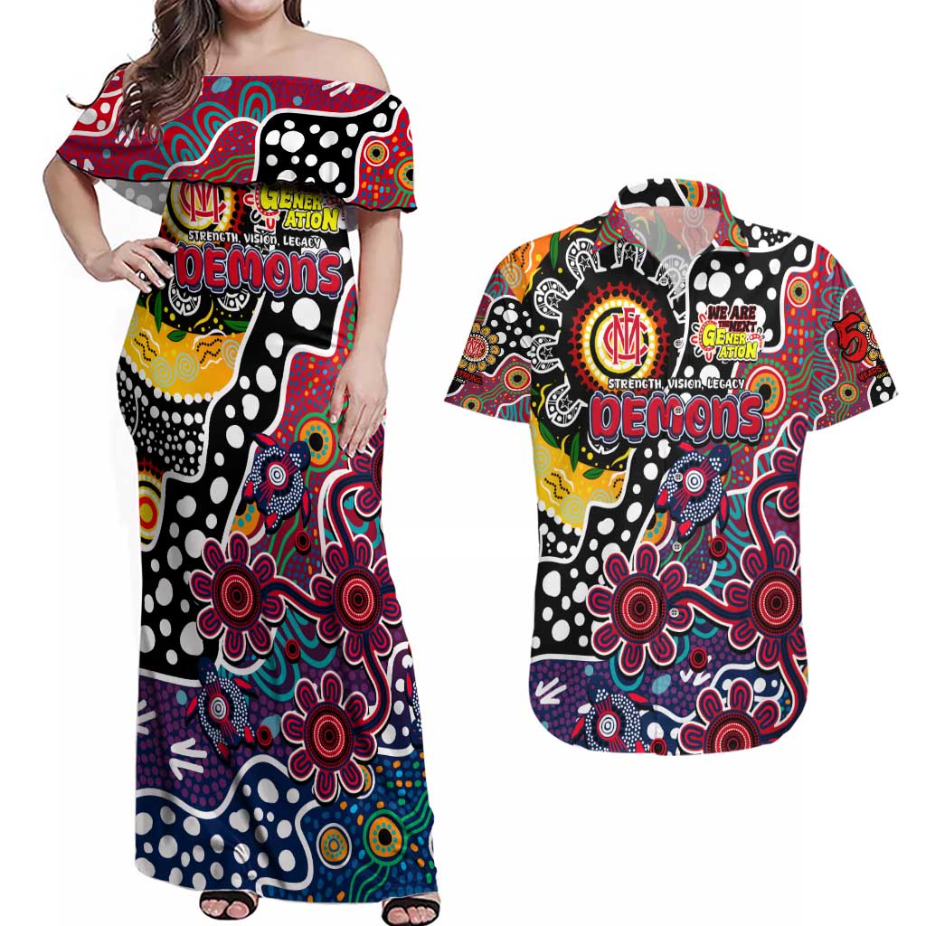 Personalised Demons AFL Celebrating 50 Years of Naidoc Couples Matching Off Shoulder Maxi Dress and Hawaiian Shirt NAIDOC Week 2025 Aboriginal