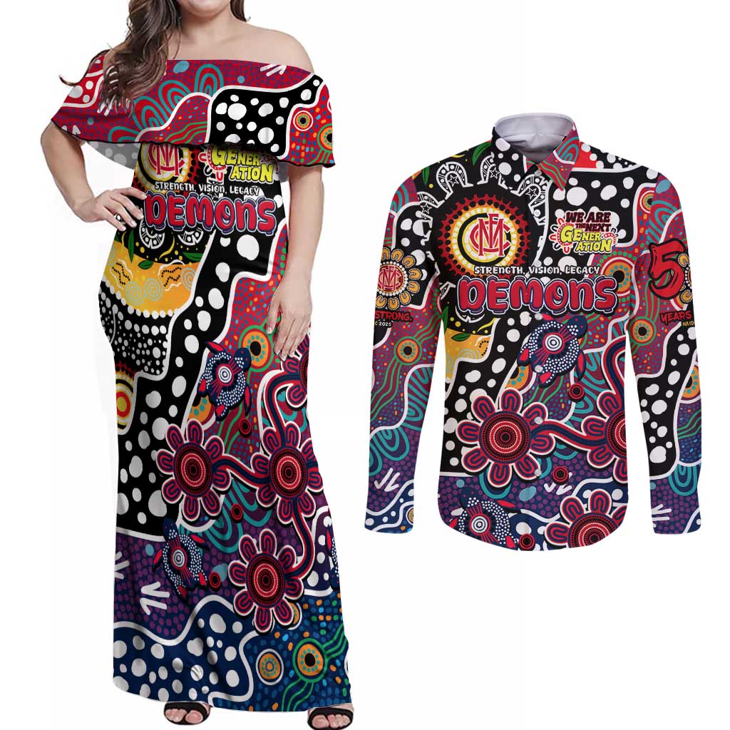 Personalised Demons AFL Celebrating 50 Years of Naidoc Couples Matching Off Shoulder Maxi Dress and Long Sleeve Button Shirt NAIDOC Week 2025 Aboriginal