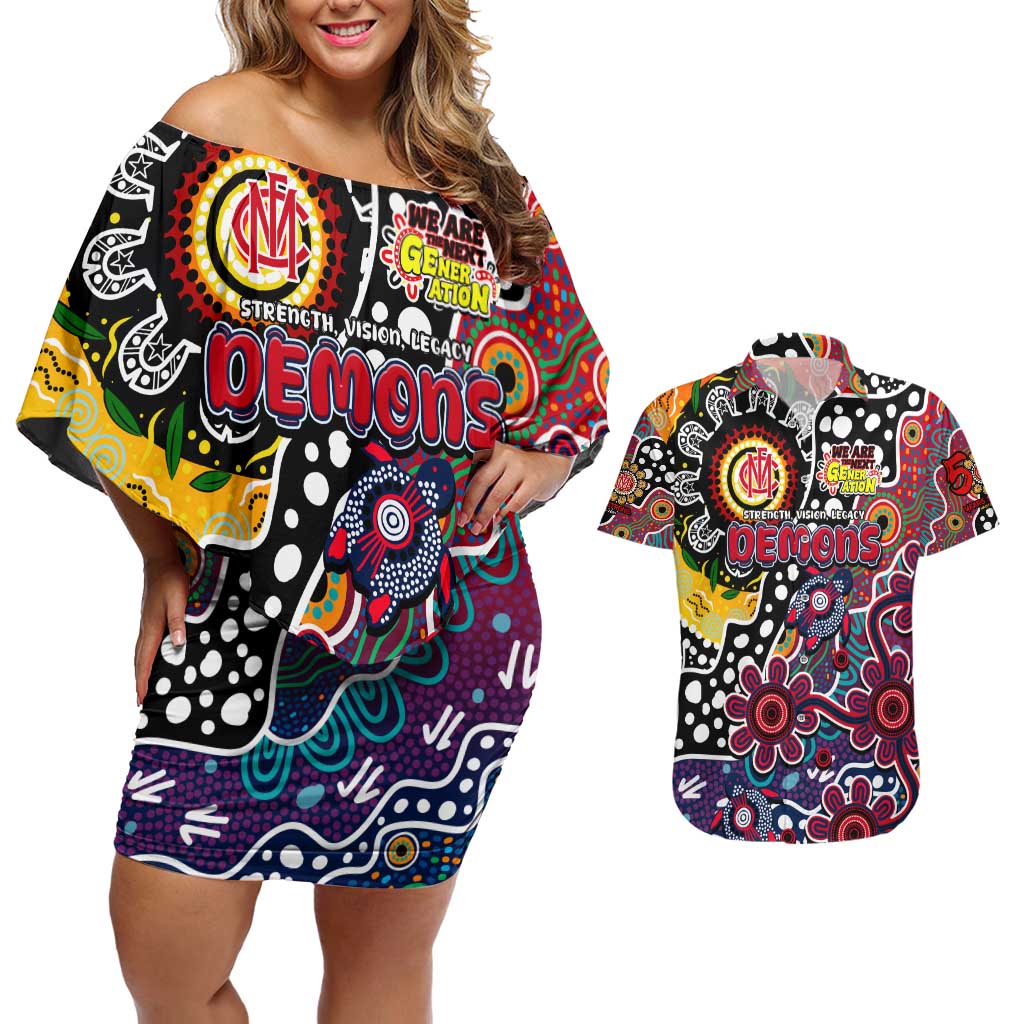 Personalised Demons AFL Celebrating 50 Years of Naidoc Couples Matching Off Shoulder Short Dress and Hawaiian Shirt NAIDOC Week 2025 Aboriginal