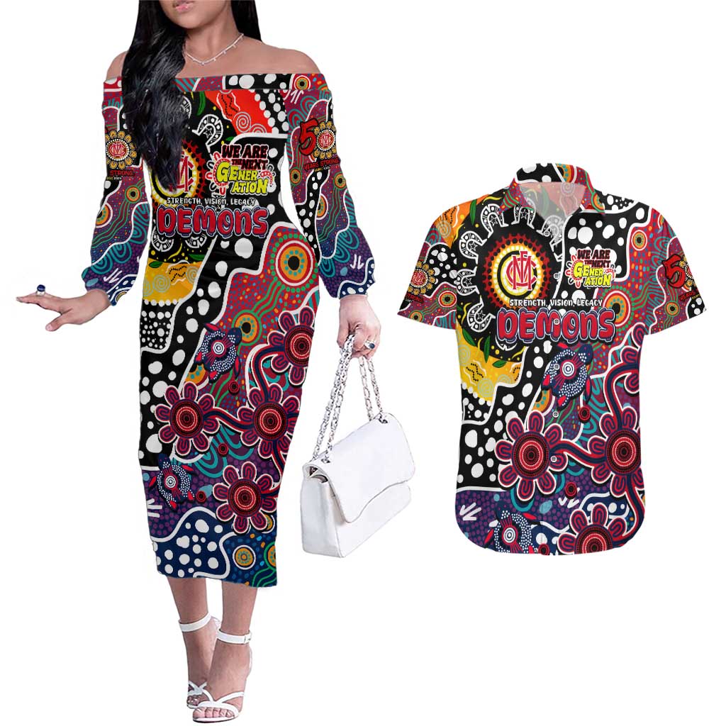 Personalised Demons AFL Celebrating 50 Years of Naidoc Couples Matching Off The Shoulder Long Sleeve Dress and Hawaiian Shirt NAIDOC Week 2025 Aboriginal