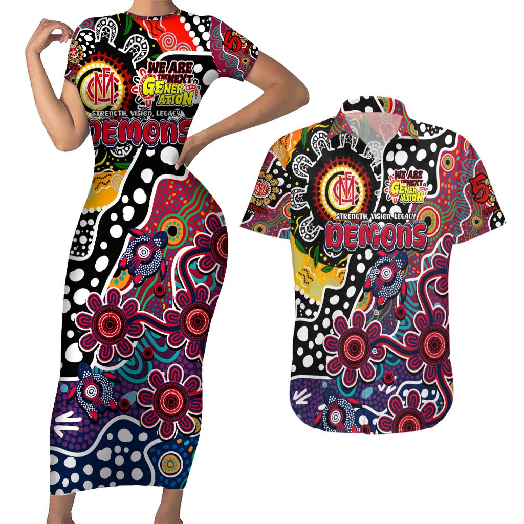 Personalised Demons AFL Celebrating 50 Years of Naidoc Couples Matching Short Sleeve Bodycon Dress and Hawaiian Shirt NAIDOC Week 2025 Aboriginal