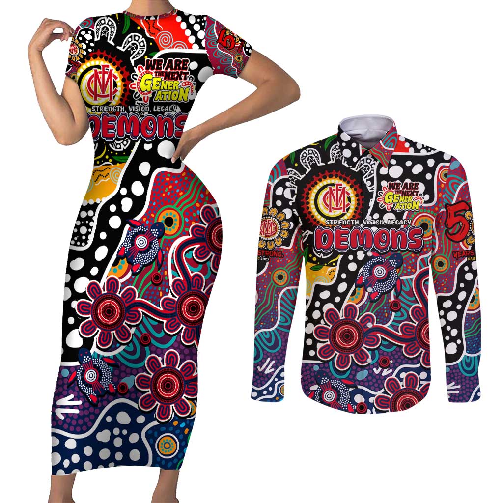 Personalised Demons AFL Celebrating 50 Years of Naidoc Couples Matching Short Sleeve Bodycon Dress and Long Sleeve Button Shirt NAIDOC Week 2025 Aboriginal