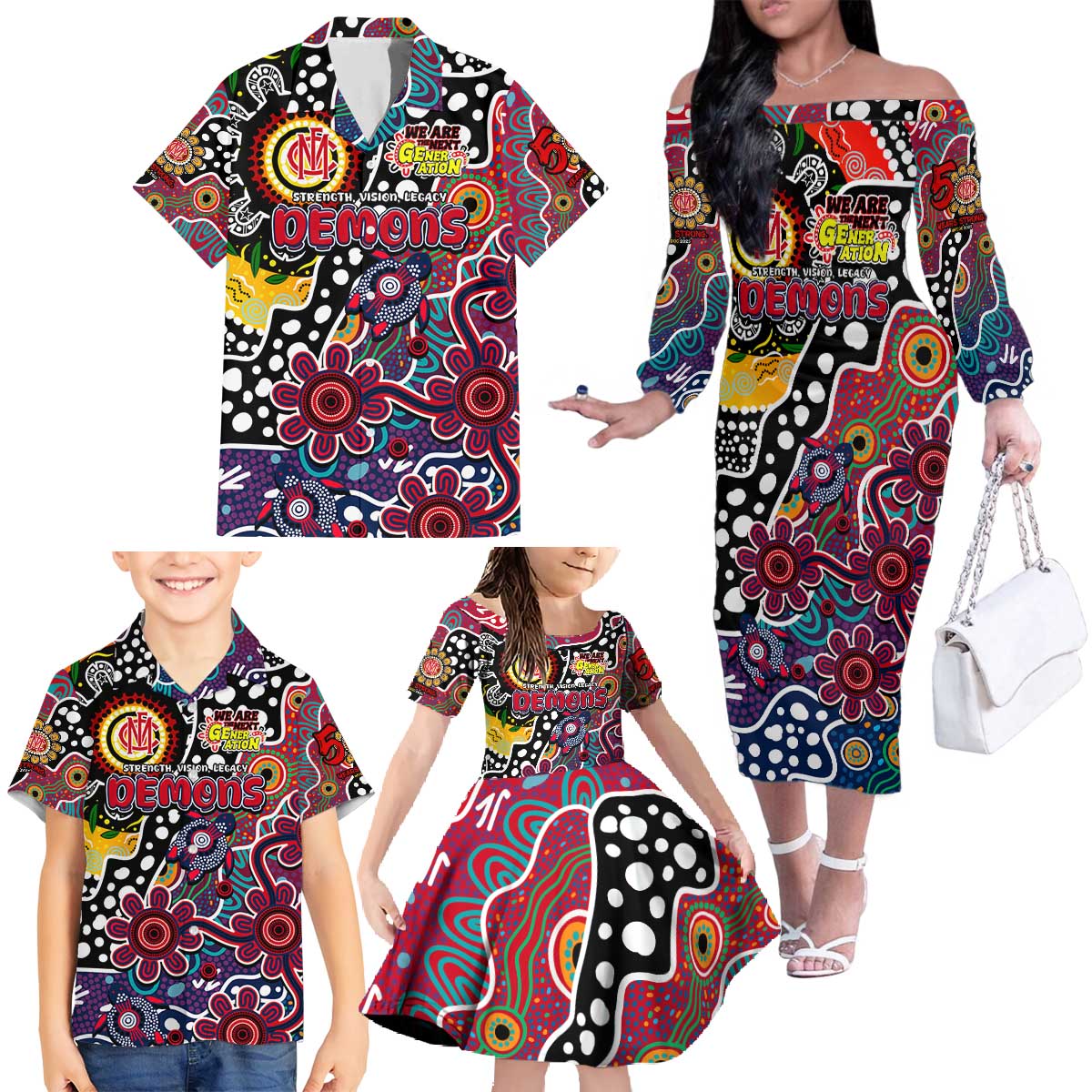 Personalised Demons AFL Celebrating 50 Years of Naidoc Family Matching Off The Shoulder Long Sleeve Dress and Hawaiian Shirt NAIDOC Week 2025 Aboriginal