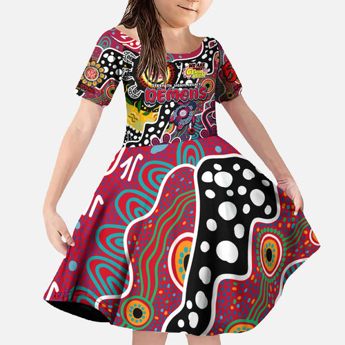 Personalised Demons AFL Celebrating 50 Years of Naidoc Family Matching Off The Shoulder Long Sleeve Dress and Hawaiian Shirt NAIDOC Week 2025 Aboriginal