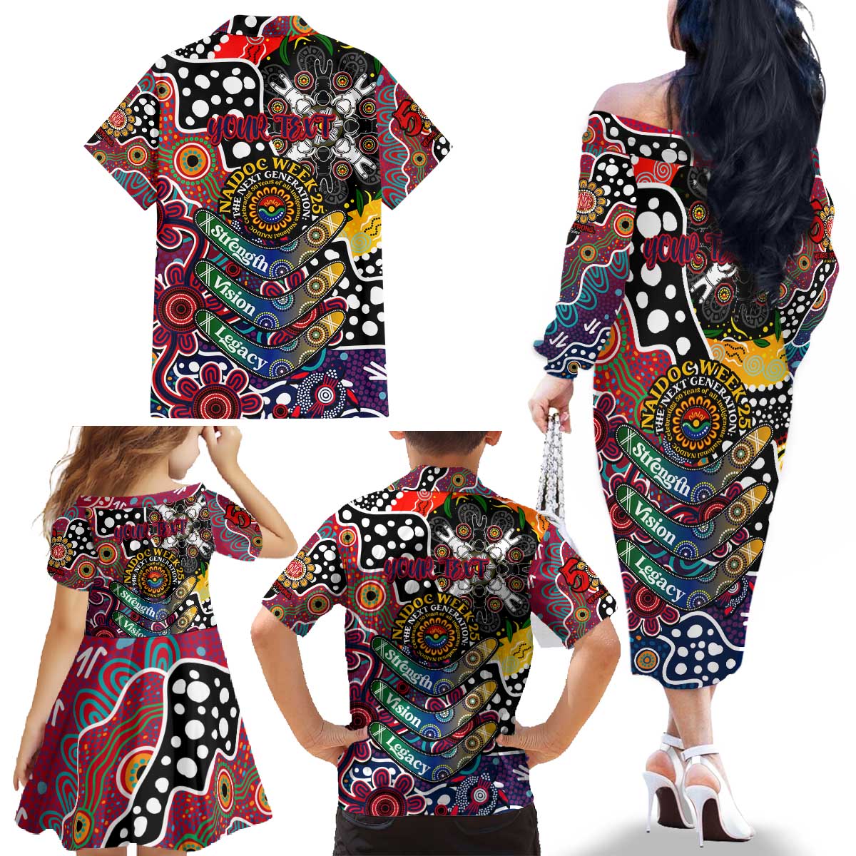 Personalised Demons AFL Celebrating 50 Years of Naidoc Family Matching Off The Shoulder Long Sleeve Dress and Hawaiian Shirt NAIDOC Week 2025 Aboriginal