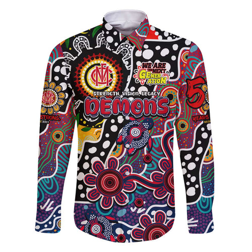Personalised Demons AFL Celebrating 50 Years of Naidoc Family Matching Off The Shoulder Long Sleeve Dress and Hawaiian Shirt NAIDOC Week 2025 Aboriginal