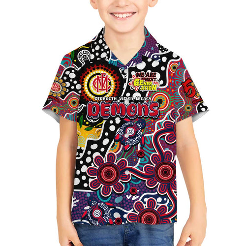 Personalised Demons AFL Celebrating 50 Years of Naidoc Family Matching Off The Shoulder Long Sleeve Dress and Hawaiian Shirt NAIDOC Week 2025 Aboriginal
